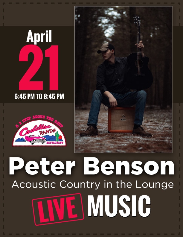 Peter Benson Acoustic Country music in the Lounge on April 21, 2023. Enjoy live music, drinks and food!