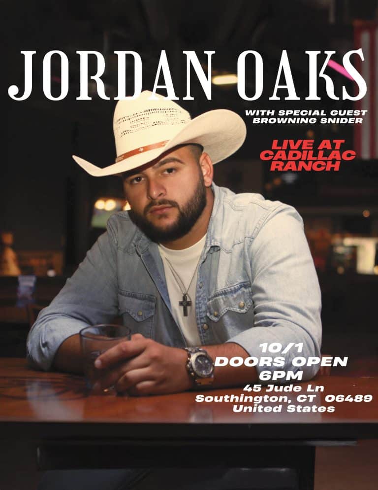 Jordan Oaks event flyer for live performance at Cadillac Ranch on October 1st, featuring special guest Browning Snider. Includes event time, location, and artist photo.